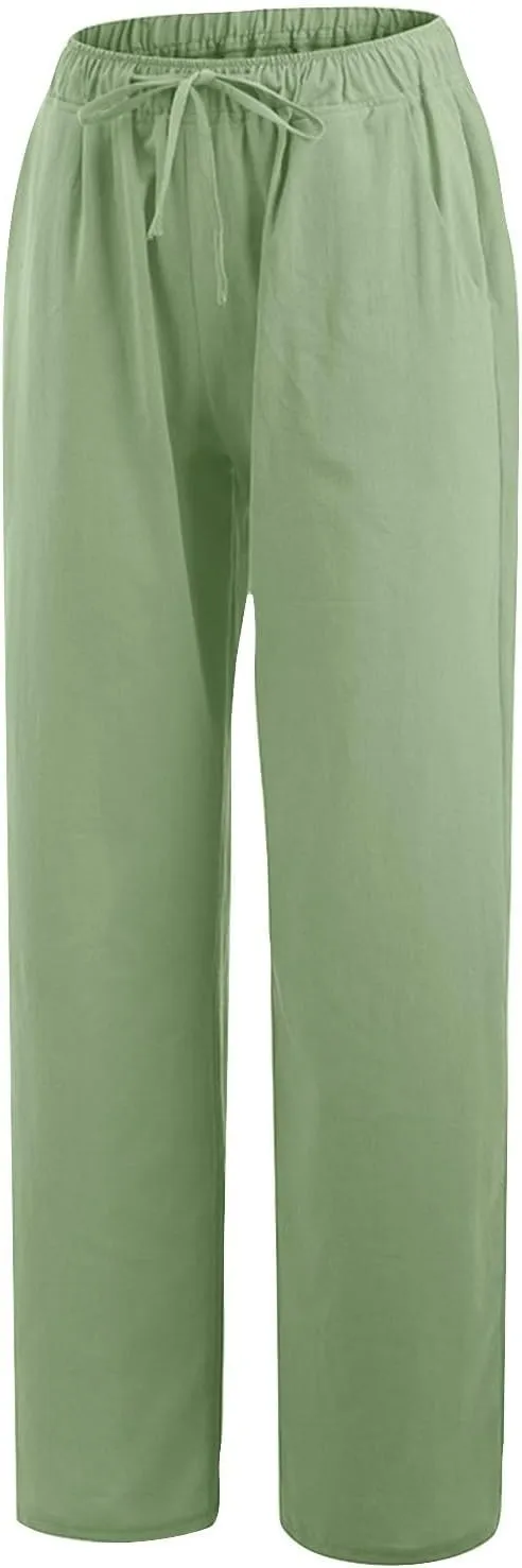 Women's Linen Palazzo Pants Casual Drawstring Elastic Waist Trousers Loose Fit Cotton Blend Loose Athletic Pants
