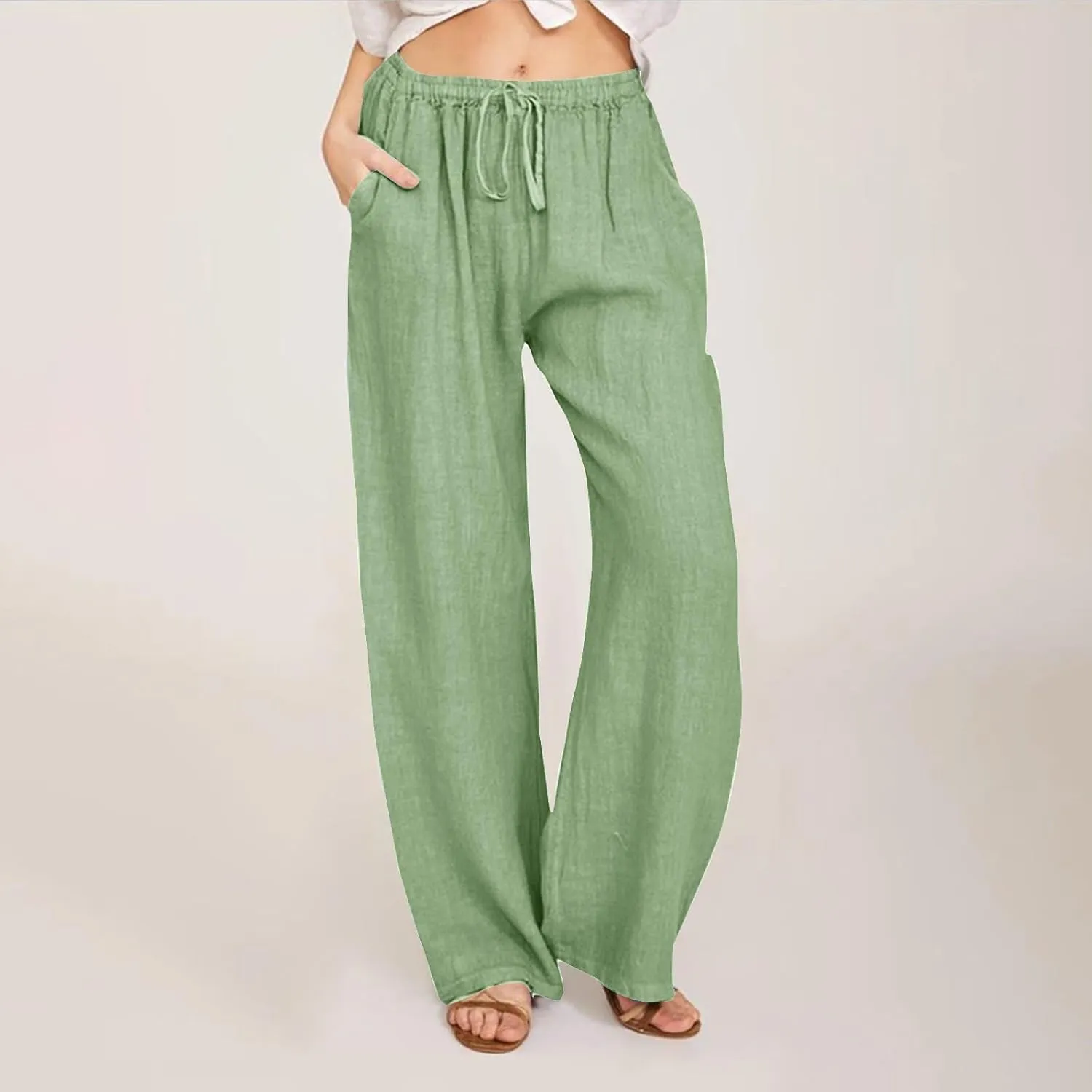 Women's Linen Palazzo Pants Casual Drawstring Elastic Waist Trousers Loose Fit Cotton Blend Loose Athletic Pants